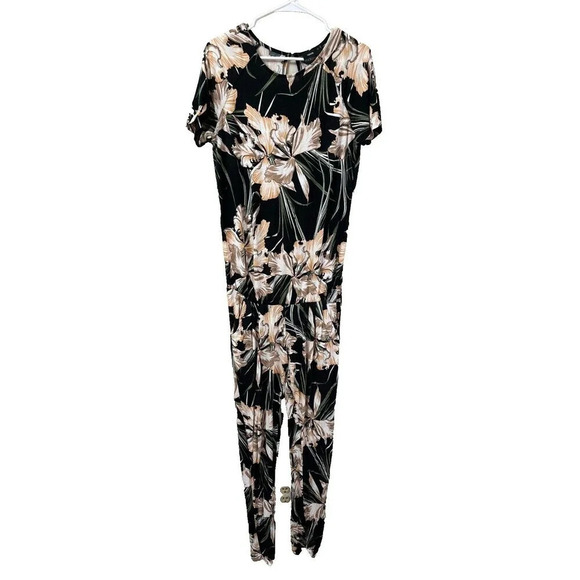 Asos Womens Black Tan Jumpsuit Size 8 Maternity Floral Short Sleeve Keyhole - Picture 1 of 8